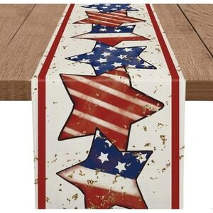Stars Stripes 4th of July Patriotic 13" x‎ 72" Table Runner Red/Beige/Blue